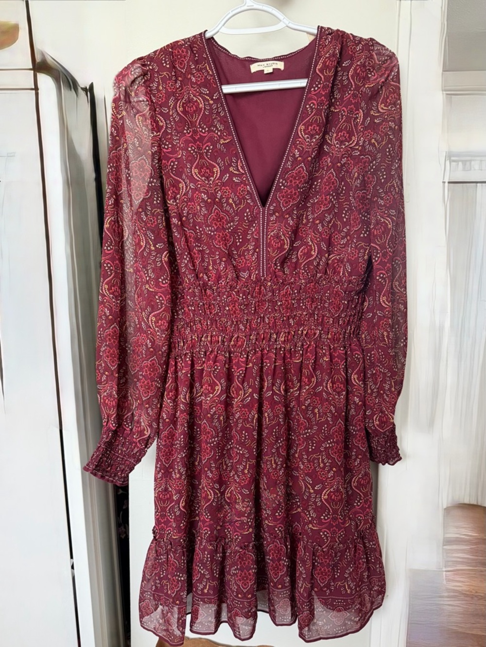Max Studio Burgundy Paisley Smocked-Waist Long Sleeve Dress